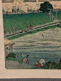 1871 Japanese print by Shosai Ikkei "Mimeguri Shrine with Distant View of Matsuchiyama Hill"