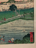 1871 Japanese print by Shosai Ikkei "Mimeguri Shrine with Distant View of Matsuchiyama Hill"