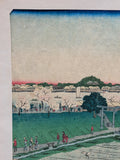 1871 Japanese print by Shosai Ikkei "Mimeguri Shrine with Distant View of Matsuchiyama Hill"