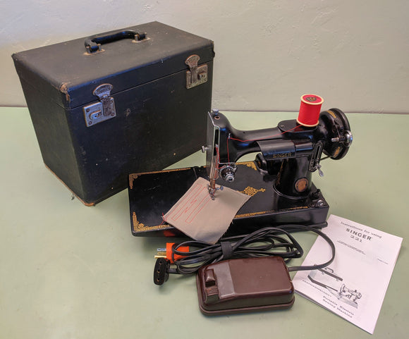 1951 Singer 221 Featherweight Centennial* Blue-Badge Sewing Machine w/Pedal and Case F*S